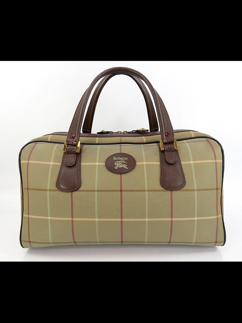 Burberry Olive Green Plaid Canvas Top-Handle Satchel with Brown Leather Trim
